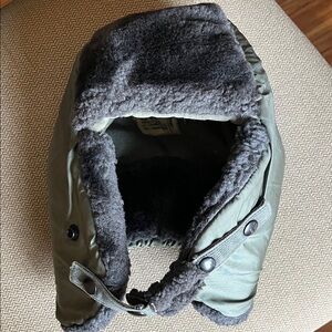 Vintage L Faux Fur Helmet Flyers winter warm snap Cap Hat Green gray fur VGUC